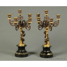 Pair of 19th c. Bronze & Marble Five Branch Putto Candelabras