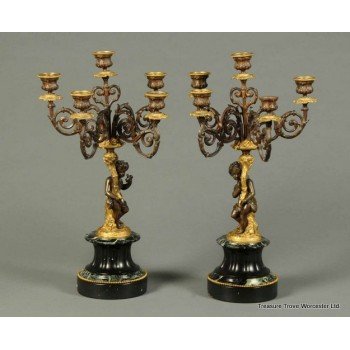 Pair of 19th c. Bronze & Marble Five Branch Putto Candelabras