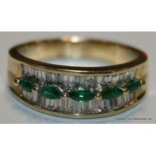 Emerald & Diamond Three Row Band Yellow Gold Ring