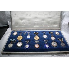 Rare Cased Set of 14 Semi Precious Enamel Pocket Watches