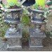 Pair of Heavy Black & Gold Painted Garden Urns On Pedestals