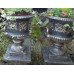 Pair of Heavy Black & Gold Painted Garden Urns On Pedestals