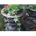 Pair of Heavy Black & Gold Painted Garden Urns On Pedestals