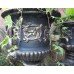 Pair of Heavy Black & Gold Painted Garden Urns On Pedestals