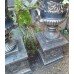 Pair of Heavy Black & Gold Painted Garden Urns On Pedestals