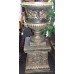 Pair of Heavy Black & Gold Painted Garden Urns On Pedestals