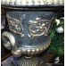 Pair of Heavy Black & Gold Painted Garden Urns On Pedestals