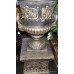 Pair of Heavy Black & Gold Painted Garden Urns On Pedestals