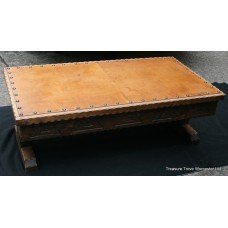 Carved Wood South African Leather Topped Coffee Table