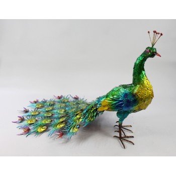 Decorative Painted Jewelled Metal Peacock