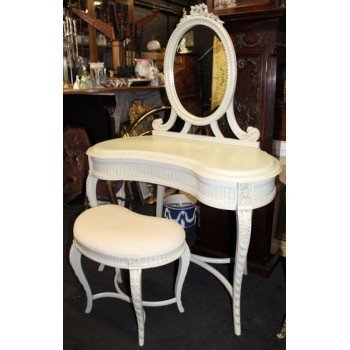 French Painted Carved Wood Kidney Shaped Dressing Table with Mirror & Stool