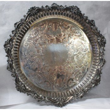 Heavy Ornate Engraved Antique Silver Plated on Copper Charger Tray