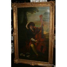 Large Antique Painting Cellist Oil on Canvas