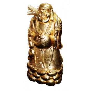 Large Carved Wood Gold Leaf Laughing Buddha on Rocks