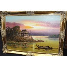 Large Oil Painting Far East Sunset Landscape Signed Set in Gilt Frame