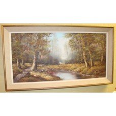 Large Framed Atmospheric Woodland Scene Landscape Painting 