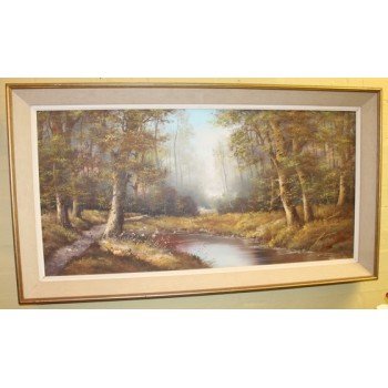 Large Framed Atmospheric Woodland Scene Landscape Painting 