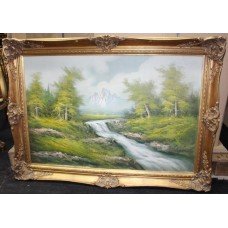 Large Landscape Painting Oil on Canvas Set in Ornate Gilt Frame