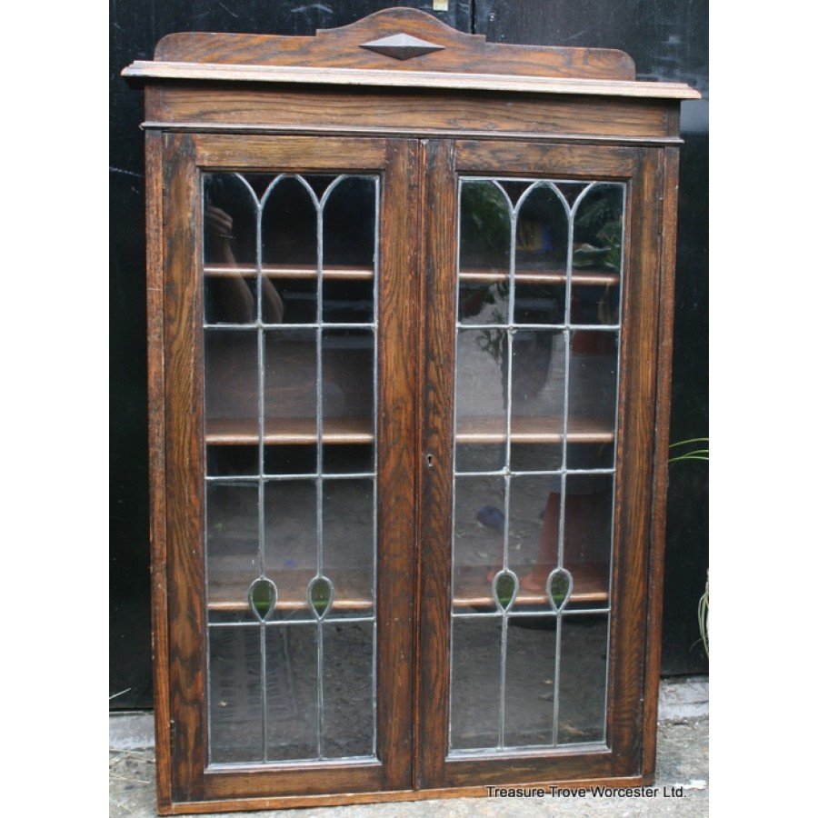 Oak 1940's Glazed Leaded Wall Mounted Display Cabinet