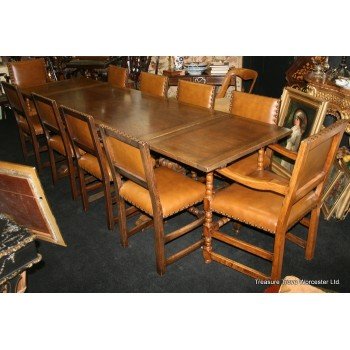 Quality Extending Carved Oak Refectory Table with 10 Leather Chairs