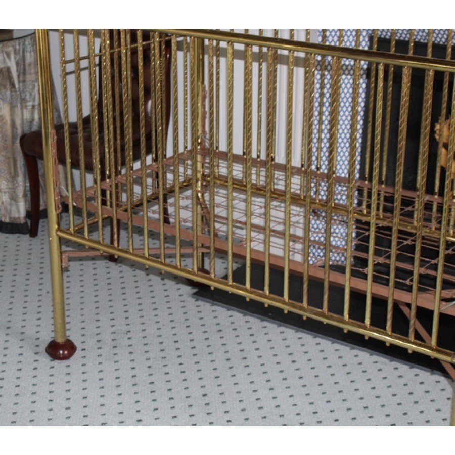 Ornate Brass Four Poster Baby Crib Cot With Canopy Bedding Lace