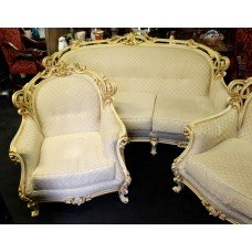 Ornate Silik Rococo Style Carved Wood Three Piece Suite