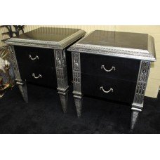 Pair of Black and Silver Leaf Heavy Two Drawer Chest of Drawers Bedsides