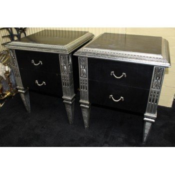 Pair of Black and Silver Leaf Heavy Two Drawer Chest of Drawers Bedsides