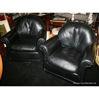 Pair of Top Quality Black Leather Swivel Armchairs