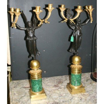 Pair of 19th c. French Ormolu, Bronze & Malachite Candelabras