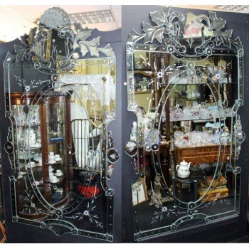 Pair of Ornate Venetian Style Full Length Etched Mirrors