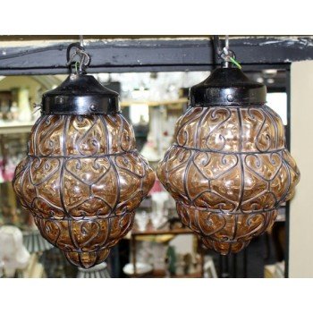 Pair of Vintage Amber Glass Metal Lattice Lanterns