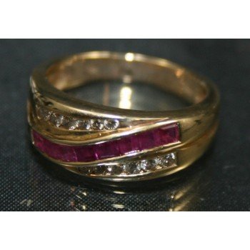 Ruby & Diamond Three Row Twist Yellow Gold Ring