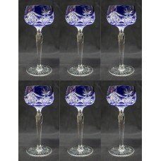 Set of 6 Blue Overlay Crystal Hock Wine Glasses