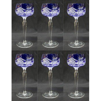 Set of 6 Blue Overlay Crystal Hock Wine Glasses