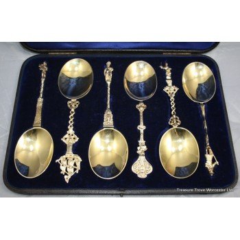 Cased Set of Six Silver Gilt Apostle Serving Spoons 1895