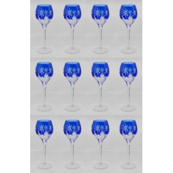 Set of 12 Fine Vintage Blue Overlay Crystal Wine Glasses